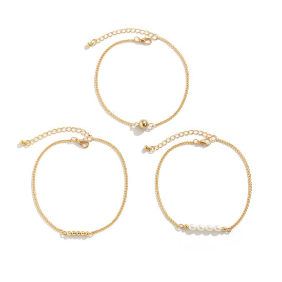 Picture of Acrylic Exquisite Anklet Set Gold Plated Link Chain Imitation Pearl 22cm(8 5/8") long, 1 Set ( 3 PCs/Set)