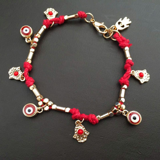 Image de Bracelets Tressés Ethnique Doré Rouge Mauvais Œil Khamsa Symbole Paume 18cm Long, 1 Pièce