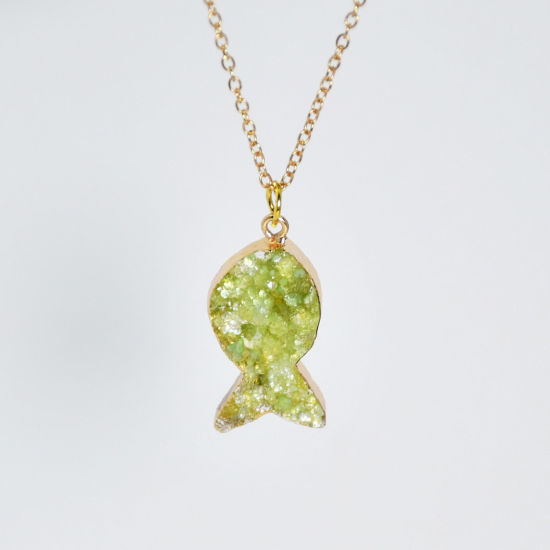 Picture of Resin Druzy/ Drusy Necklace Gold Plated Grass Green Irregular Fish Imitation Crystal 40cm(15 6/8") long, 1 Piece