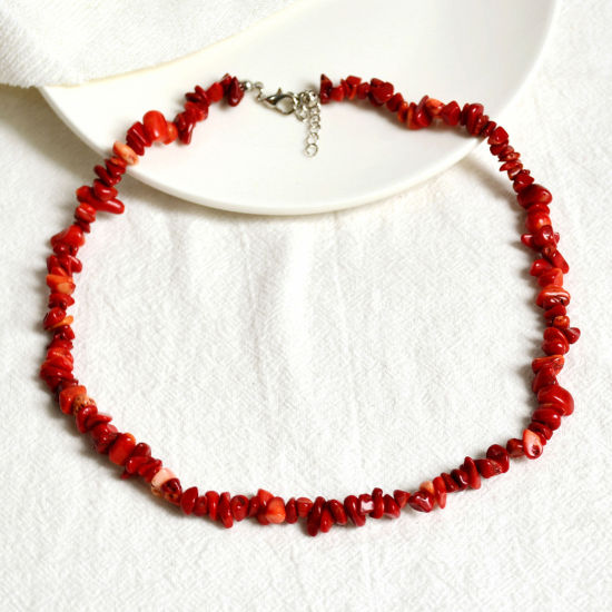 Picture of Simulated Coral Boho Chic Bohemia Beaded Necklace Red Chip Beads 38cm(15") long, 1 Piece