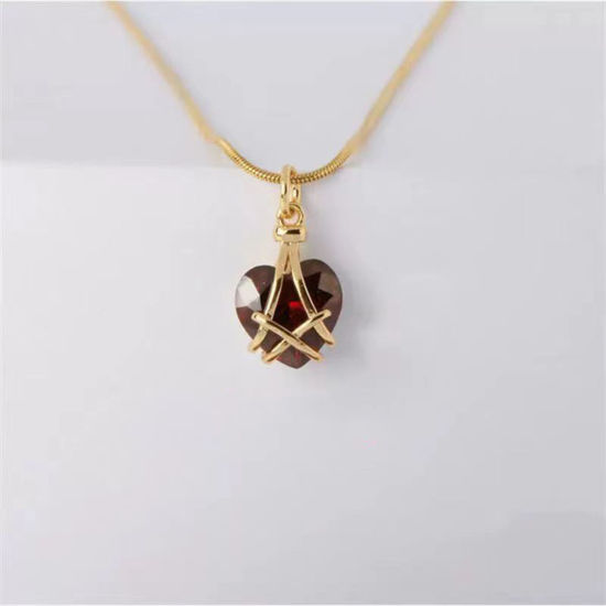 Picture of Birthstone Necklace Gold Plated Red Heart January Imitation Crystal 40cm(15 6/8") long, 1 Piece