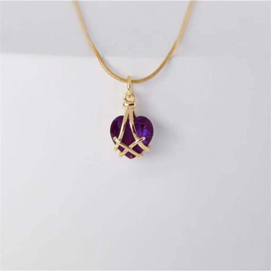 Picture of Birthstone Necklace Gold Plated Purple Heart February Imitation Crystal 40cm(15 6/8") long, 1 Piece