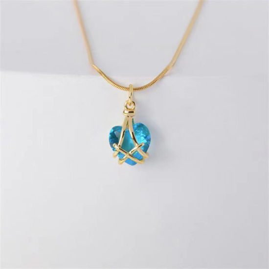 Picture of Birthstone Necklace Gold Plated Aqua Blue Heart March Imitation Crystal 40cm(15 6/8") long, 1 Piece