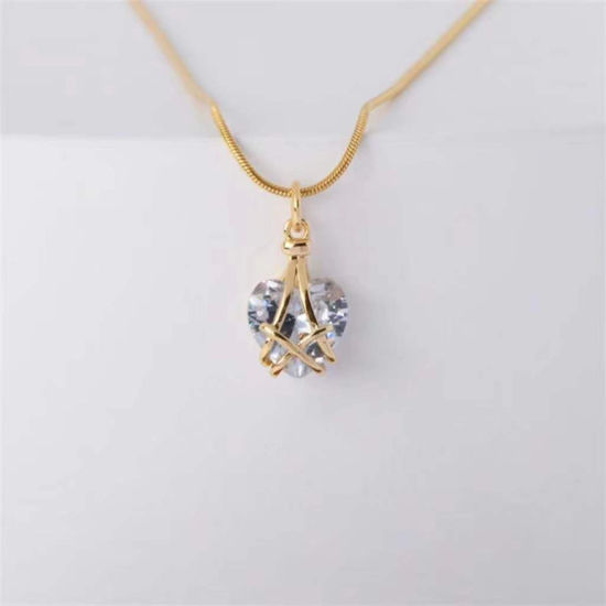 Picture of Birthstone Necklace Gold Plated Transparent Clear Heart April Imitation Crystal 40cm(15 6/8") long, 1 Piece