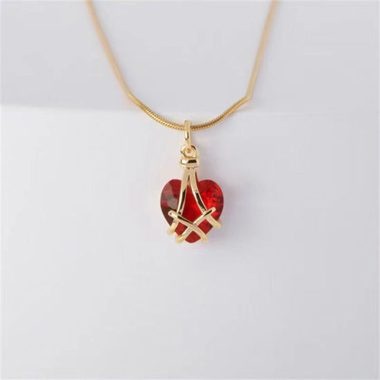 Picture of Birthstone Necklace Gold Plated Wine Red Heart July Imitation Crystal 40cm(15 6/8") long, 1 Piece