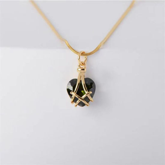 Picture of Birthstone Necklace Gold Plated Olive Green Heart August Imitation Crystal 40cm(15 6/8") long, 1 Piece