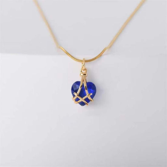 Picture of Birthstone Necklace Gold Plated Royal Blue Heart September Imitation Crystal 40cm(15 6/8") long, 1 Piece
