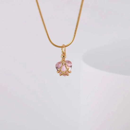 Picture of Birthstone Necklace Gold Plated Mauve Heart October Imitation Crystal 40cm(15 6/8") long, 1 Piece