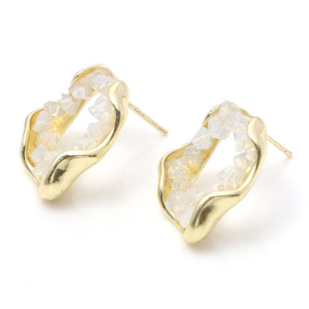 Picture of Druzy/ Drusy Ear Post Stud Earrings Gold Plated Irregular Circle Ring White Rhinestone 26mm x 22mm, Post/ Wire Size: (21 gauge), 2 PCs
