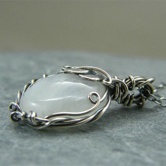 Picture of Boho Chic Bohemia Necklace Antique Silver Color Drop Leaf Imitation Opal 46cm(18 1/8") long, 1 Piece