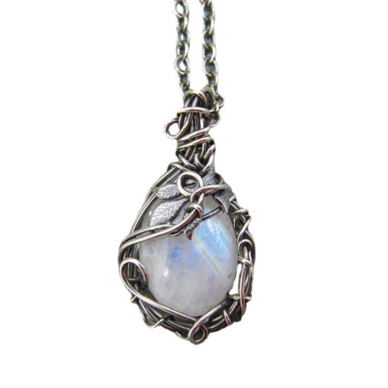 Picture of Boho Chic Bohemia Necklace Antique Silver Color Drop Leaf Imitation Opal 46cm(18 1/8") long, 1 Piece