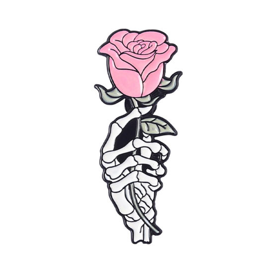 Picture of Halloween Pin Brooches Skeleton Hand Rose Flower White & Pink Enamel 2.8cm x 1cm, 1 Piece