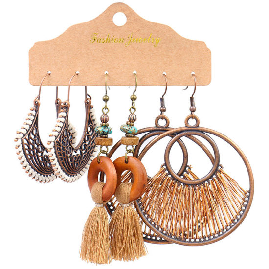 Picture of Boho Chic Bohemia Earrings Bronzed Fan-shaped Tassel 11cm, 1 Set ( 3 Pairs/Set)