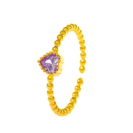 Bild von Messing Ins Stil Offen Verstellbar Ring Herz Vergoldet Lila Kubischer Zirkon 18mm (US Größe 7.75), 1 Stück                                                                                                                                                    