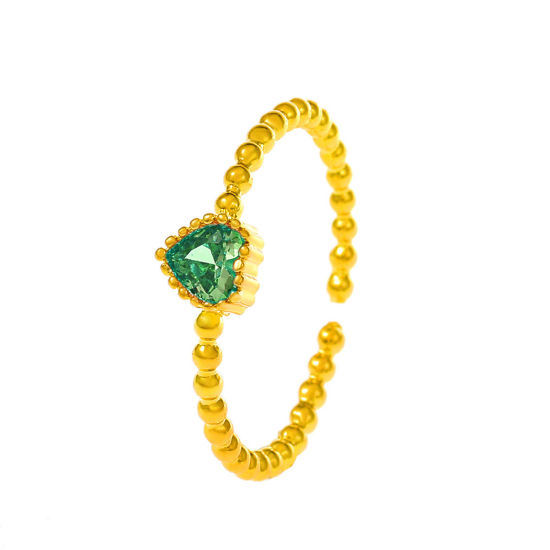 Bild von Messing Ins Stil Offen Verstellbar Ring Herz Vergoldet Grün Kubischer Zirkon 18mm (US Größe 7.75), 1 Stück                                                                                                                                                    