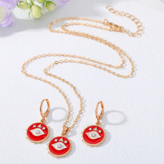 Picture of Stylish Jewelry Necklace Earrings Set Gold Plated Red Evil Eye Clear Rhinestone Enamel 50cm(19 5/8") long, 3.2cm x 1.4cm, 1 Set