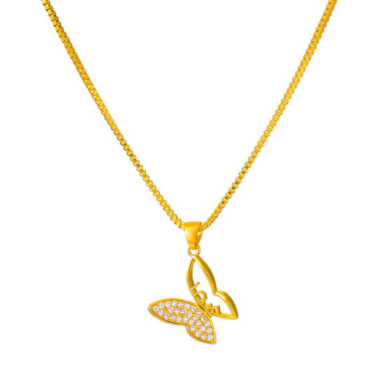 Picture of Brass Insect Necklace Butterfly Animal Gold Plated Message " LOVE " Clear Rhinestone 46cm(18 1/8") long, 1 Piece                                                                                                                                              