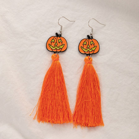 Picture of Halloween Ear Wire Hook Earrings Silver Tone Orange Tassel Pumpkin 10.3cm x 2cm, 1 Pair