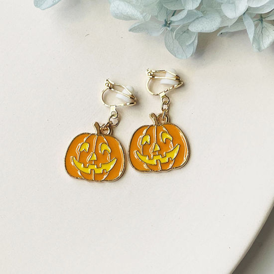 Picture of Halloween Non Piercing Clip-on Earrings Gold Plated Orange Pumpkin Enamel 3cm, 1 Pair