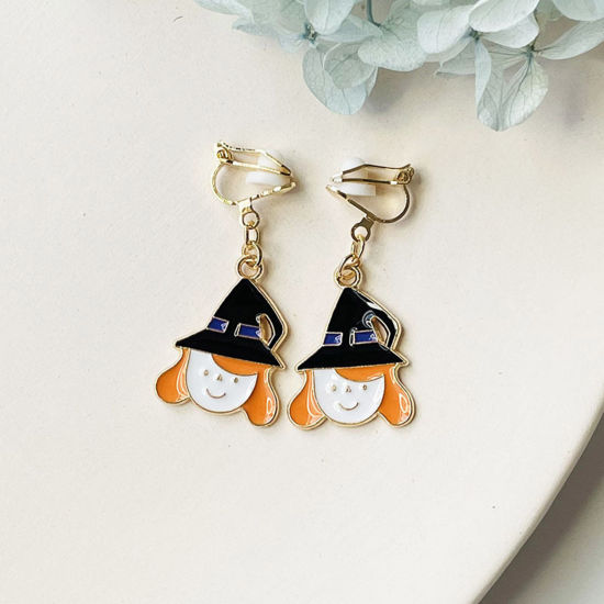 Picture of Halloween Non Piercing Clip-on Earrings Gold Plated Black & Orange Witch Hat Halloween Witch Enamel 3cm, 1 Pair