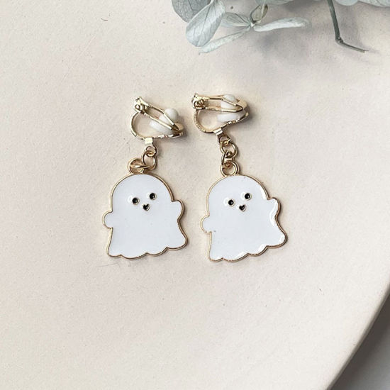 Picture of Halloween Non Piercing Clip-on Earrings Gold Plated White Ghost Enamel 3cm, 1 Pair