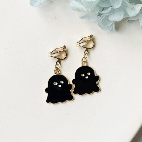 Picture of Halloween Non Piercing Clip-on Earrings Gold Plated Black Ghost Enamel 3cm, 1 Pair