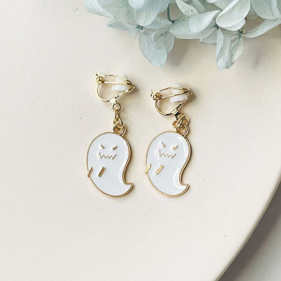 Picture of Halloween Non Piercing Clip-on Earrings Gold Plated White Ghost Enamel 3cm, 1 Pair