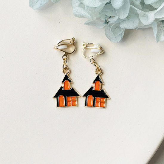 Picture of Halloween Non Piercing Clip-on Earrings Gold Plated Black & Orange House Enamel 3cm, 1 Pair