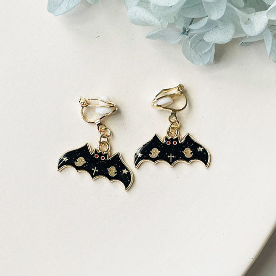 Picture of Halloween Non Piercing Clip-on Earrings Gold Plated Black Bat Animal Enamel 3cm, 1 Pair