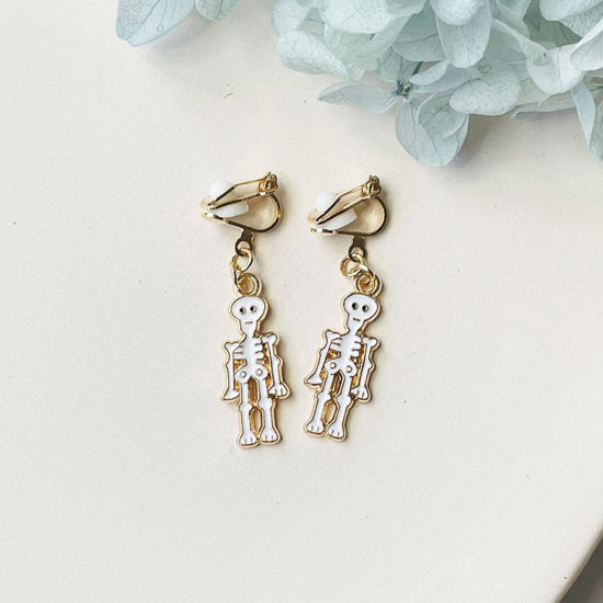 Picture of Halloween Non Piercing Clip-on Earrings Gold Plated White Human Skeleton Enamel 3cm, 1 Pair