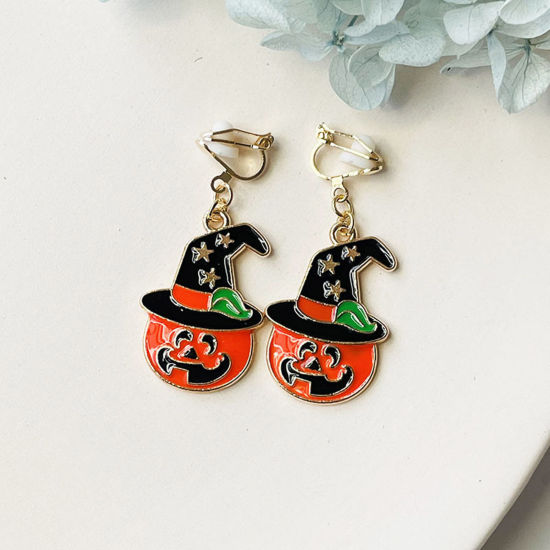 Picture of Halloween Non Piercing Clip-on Earrings Gold Plated Black & Orange Witch Hat Pumpkin Enamel 3cm, 1 Pair