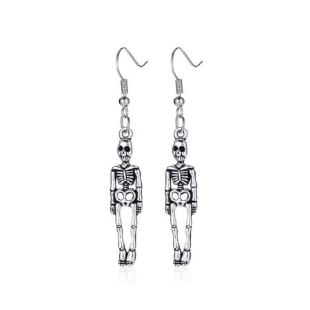 Picture of Halloween Ear Wire Hook Earrings Antique Silver Color Human Skeleton 6cm, 1 Pair