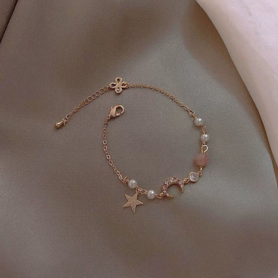 Picture of Galaxy Bracelets Gold Plated Pink Pentagram Star Moon Imitation Pearl Clear Rhinestone 16cm(6 2/8") long, 1 Piece