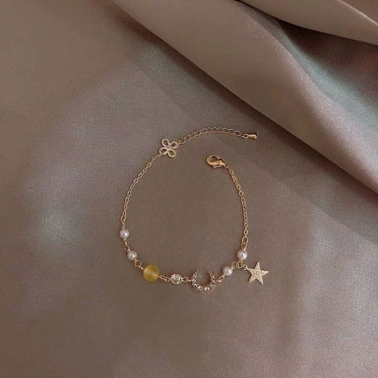 Picture of Galaxy Bracelets Gold Plated Yellow Pentagram Star Moon Imitation Pearl Clear Rhinestone 16cm(6 2/8") long, 1 Piece