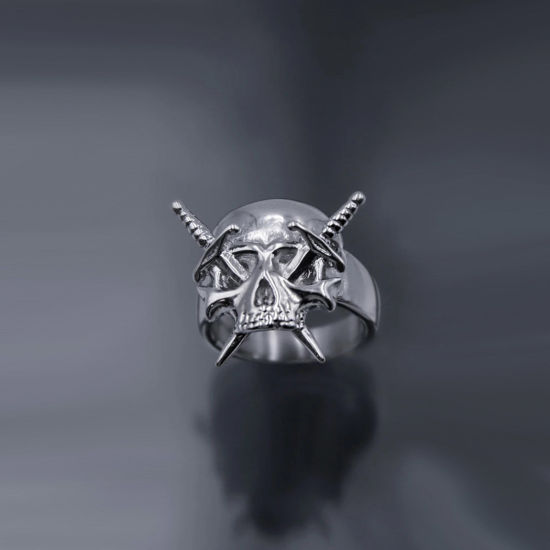 Изображение Панк Нерегулируемый Кольца Античное Серебро Меч Череп 17.3мм(Американский Размер 7), 1 ШТ