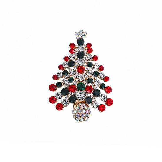 Imagen de Exquisito Pin Broches Árbol de Navidad Chapado en Oro Esmalte Multicolor Rhinestone 5.9cm x 4.1cm, 1 Unidad