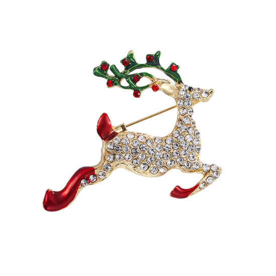 Imagen de Exquisito Pin Broches Reno Navidad Chapado en Oro Esmalte Multicolor Rhinestone 4.7cm x 4cm, 1 Unidad