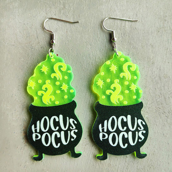 Picture of Acrylic Halloween Ear Wire Hook Earrings Silver Tone Black & Green Tripod Fluorescence 8cm, 1 Pair
