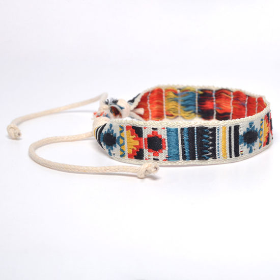 Image de Bracelet Brésilien d'Amitié Ethnique en Coton & Lin Multicolore Géométrique Réglable 16cm-28cm Long, 1 Pièce