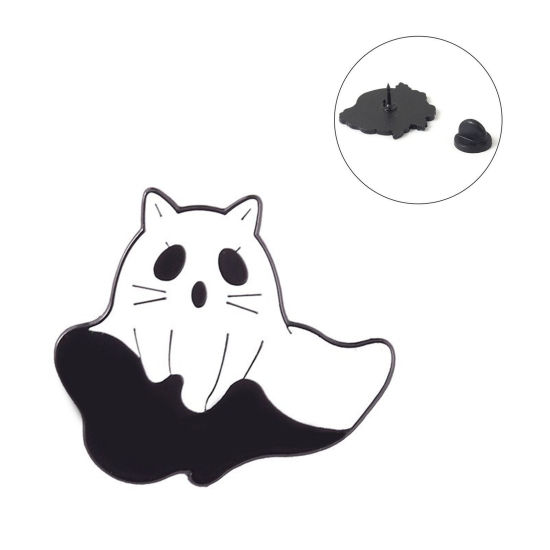 Picture of Cute Pin Brooches Halloween Ghost Cat Black & White Enamel 28mm x 24mm, 1 Piece