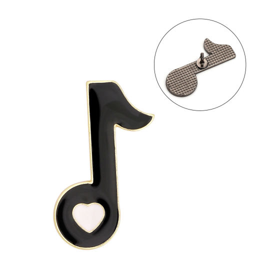 Immagine di Semplice Spilla Nota Musicale Cuore Nero & Bianco Smalto 2.5cm x 2.4cm, 1 Pz