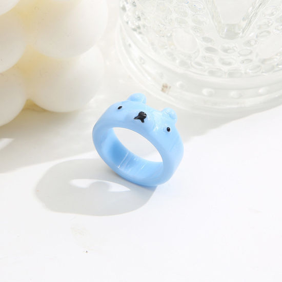 Picture of Resin Cute Unadjustable Rings Light Blue Bear Animal 17mm(US Size 6.5), 1 Piece