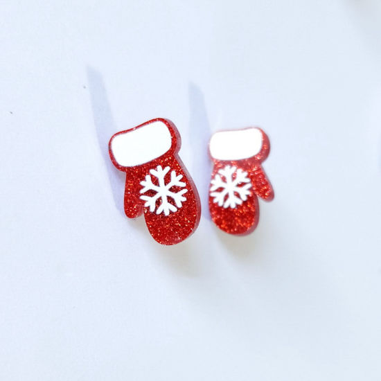 Picture of Acrylic Christmas Ear Post Stud Earrings Silver Tone White & Red Christmas Gloves Snowflake 2cm x 1.3cm, 1 Pair
