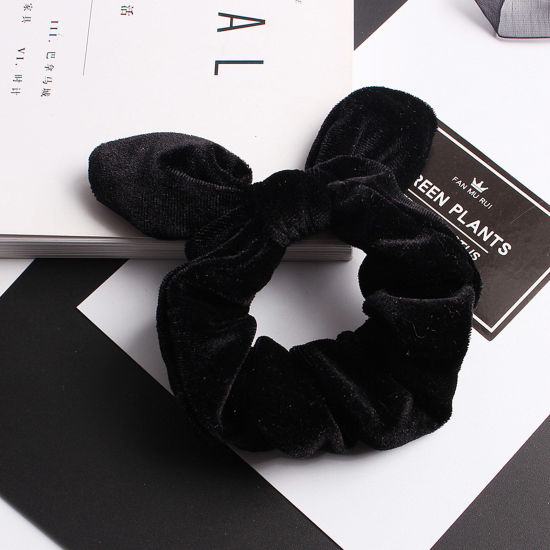 Picture of Velvet Retro Ponytail Holder Hair Ties Band Scrunchies Black Rabbit Animal 3cm Dia., 1 Piece