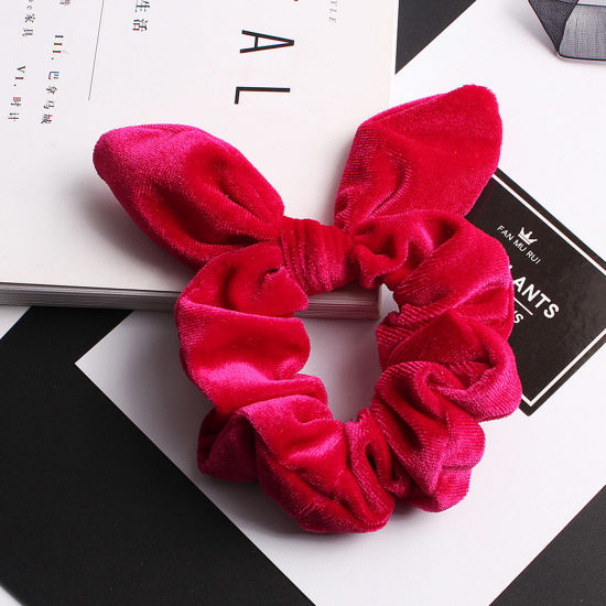 Picture of Velvet Retro Ponytail Holder Hair Ties Band Scrunchies Hot Pink Rabbit Animal 3cm Dia., 1 Piece