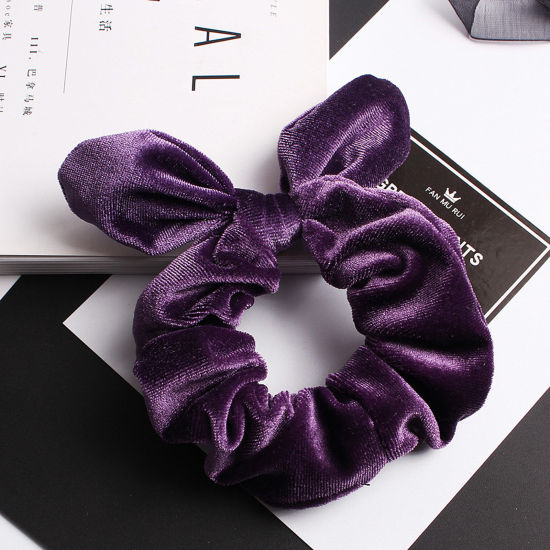 Picture of Velvet Retro Ponytail Holder Hair Ties Band Scrunchies Dark Purple Rabbit Animal 3cm Dia., 1 Piece