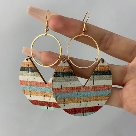 Bild von Natürliches Holz + Kupfer Böhmischer Stil Ohrring Vergoldet Bunt Rund Streifen 7.9cm x 4.7cm, 1 Paar