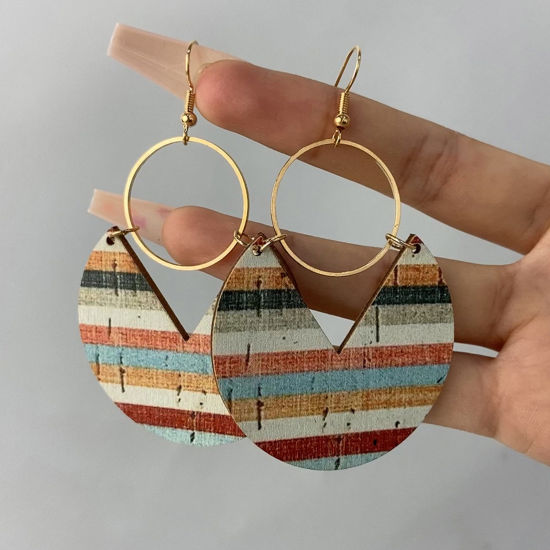Picture of Wood & Copper Boho Chic Bohemia Earrings Gold Plated Multicolor Round Stripe 7.9cm x 4.7cm, 1 Pair