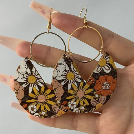 Picture of Wood & Copper Boho Chic Bohemia Earrings Gold Plated Yellow Round Flower 7.9cm x 4.7cm, 1 Pair
