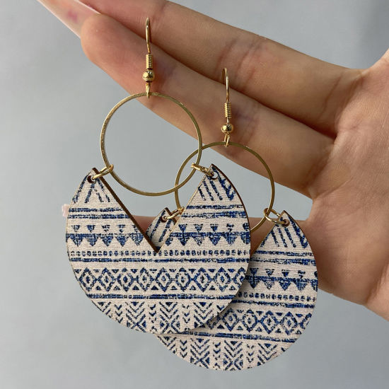 Picture of Wood & Copper Boho Chic Bohemia Earrings Gold Plated White & Blue Round Rhombus 7.9cm x 4.7cm, 1 Pair
